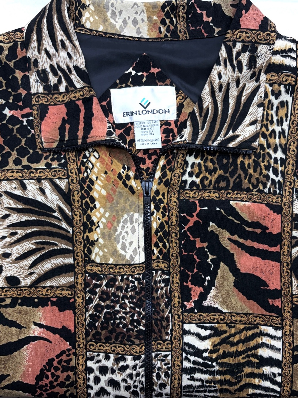 Erin London 100 Silk Patchwork Animal Print Jacket Womens M Vintage